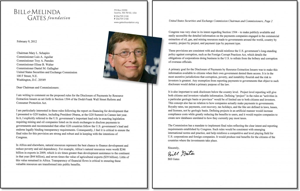 Bill Gates Letter to SEC Concerning Cardin-Lugar Disclosure Amendment